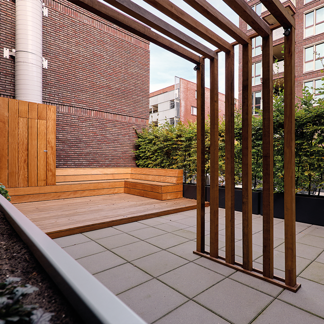 Pergola en vlonder met groene haag op dakterras in Rotterdam